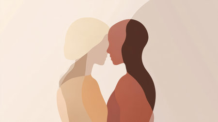 Two individuals are depicted in a warm embrace, symbolizing love and connection through a minimalist and abstract art style.の素材