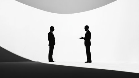 Two individuals in formal attire converse in a minimalist space, illuminated by contrasting shadows and light patterns.の素材