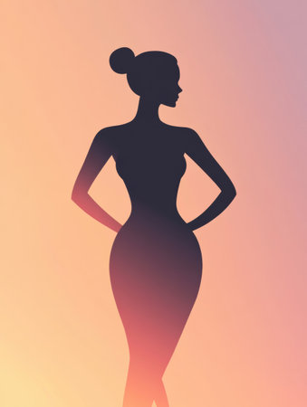 A slim female silhouette stands confidently with hands on hips, showing a highlighted waistline against a pastel gradient background.の素材