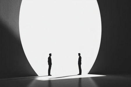 Two individuals stand facing each other in a minimalist setting, illuminated by a large circular light that emphasizes their silhouettes.の素材