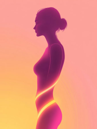 Minimalist artwork features a slim female silhouette with a glowing waistline, set against a vibrant gradient background that enhances its elegance.の素材