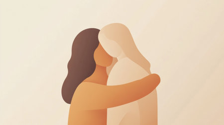 Two figures share a heartfelt hug in a minimalist style, conveying love and connection against a soft, neutral background.の素材