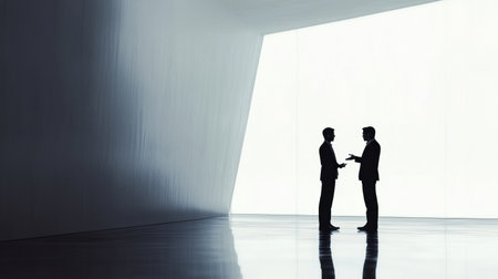 Two individuals converse in a sleek, contemporary space, illuminated by natural light streaming through an angular opening.の素材