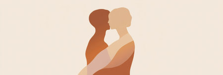A warm embrace between two people is captured in a minimalist illustration, representing love, connection, and harmony in a serene environmentの素材
