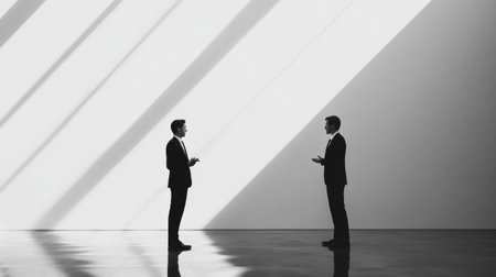 Two professionally dressed men converse in a spacious, minimalist area illuminated by sunlight creating dramatic shadows.の素材