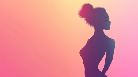 A slim female silhouette is highlighted against a colorful gradient background, showing the elegance of minimalist art and form.の素材