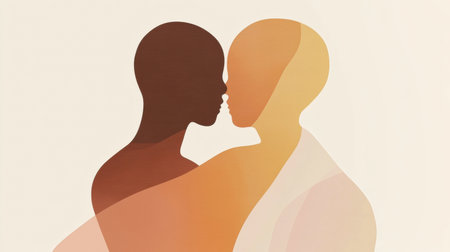 This artwork depicts two individuals in a close embrace, illustrating love and connection through simple, clean lines in a soothing color palette.の素材