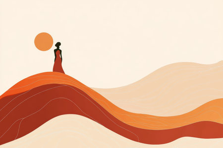 A minimalist illustration symbolizes female empowerment with warm colors, depicting a woman standing confidently on a wavy landscape.の素材
