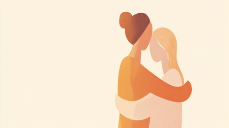 Two individuals share a heartfelt hug in a simplistic and warm illustration, reflecting love and companionship during a tranquil moment.の素材