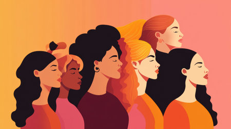 This artwork of women facing forward symbolizes strength, unity, and empowerment against a vibrant gradient for International Womens Day.の素材