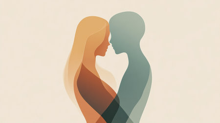 Soft colors blend together to depict two people in a heartfelt embrace, symbolizing connection and affection in a simple artistic style.の素材