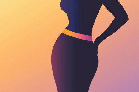 A slim female silhouette is highlighted with an emphasis on the waistline, set against a soft gradient backdrop resembling a sunset.の素材