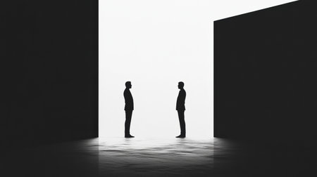 Two silhouettes of men engage in a thoughtful exchange in a stark, minimalistic environment with dramatic light contrast.の素材