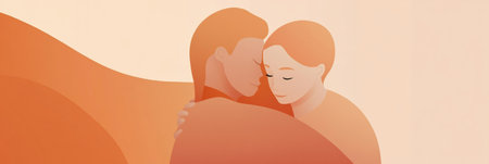 Two individuals embrace in a soft and loving manner, surrounded by warm colors that create a peaceful atmosphere for connection.の素材