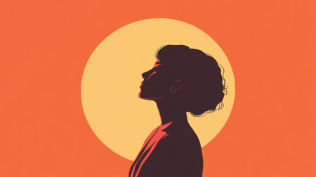 A silhouette of a woman gazes upward against a warm backdrop, symbolizing hope and empowerment on International Womens Day.の素材