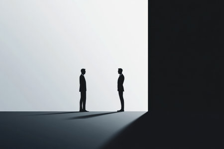 Two individuals in business attire stand facing each other, silhouetted against a stark backdrop of light and shadow, creating a dramatic atmosphere.の素材