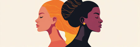 Minimalist design showcases two women in profile, symbolizing unity and strength on International Womens Day, advocating for equality and respect.の素材