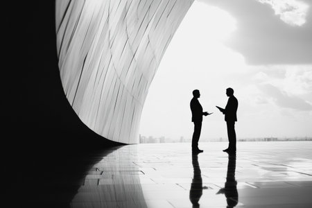 Two professionals engage in a conversation within a sleek architectural setting as the sun sets, creating dramatic silhouettes.の素材