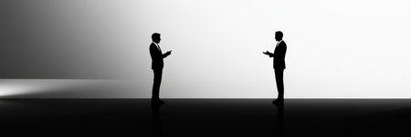 Business professionals stand facing each other, exchanging ideas in a minimalist environment with strong contrasts of light and shadow.の素材