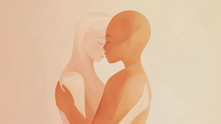 Two figures hugging closely, expressing intimacy and emotional warmth in a soft, minimalist style.の素材