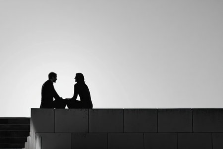A couple shares a tender moment while seated on a ledge against a clear sky, creating a beautiful silhouette during sunset in a peaceful city.の素材