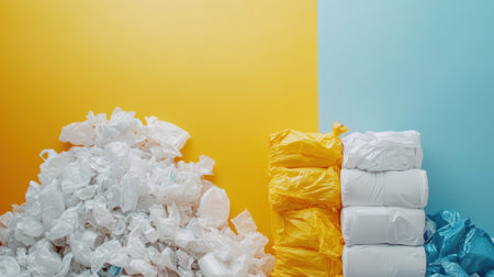 Plastic waste on the left contrasts with orderly recycled plastic stacks on the right, promoting sustainable practices and awareness.の素材