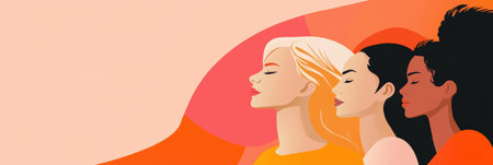 Minimalist illustration shows diverse women in profile, embodying strength and solidarity for International Womens Day celebration.の素材