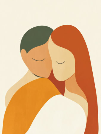 A minimalist illustration of two people hugging in soft colors captures their warmth and intimate connection.の素材
