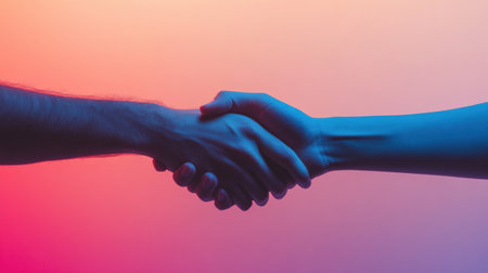 A close up view of two hands shaking, set against a vibrant gradient backdrop that conveys the spirit of connection and collaboration.の素材