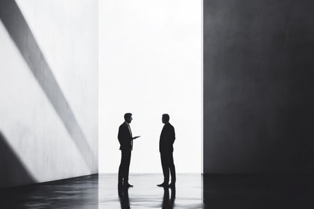 Two men stand silhouetted against bright walls, engaged in an important conversation in an architecturally striking environment.の素材