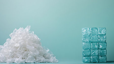 A significant difference shown between a chaotic pile of plastic waste on one side and organized recycled plastic products on the other side.の素材