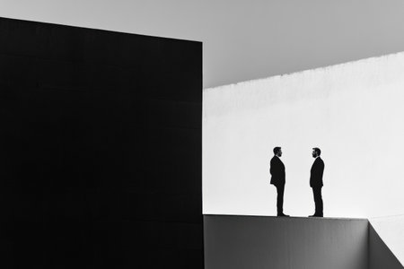 Two individuals dressed in suits engage in conversation within a minimalist architectural environment illuminated by natural light.の素材