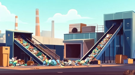 Conveyor belts transport sorted waste materials in a spacious recycling plant, showing an effective waste management process.の素材