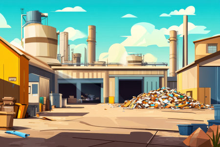 Conveyor belts transport sorted materials in an expansive recycling plant under a clear sky, highlighting the importance of waste management.の素材