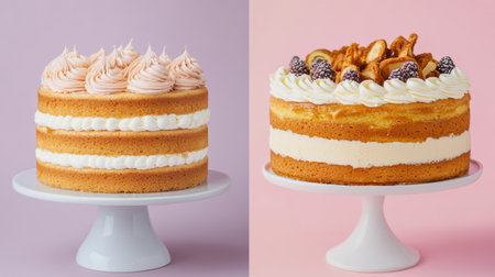 Two beautifully crafted cakes stand on pastel pedestals, featuring distinct textures and enticing toppings perfect for any occasion.の素材