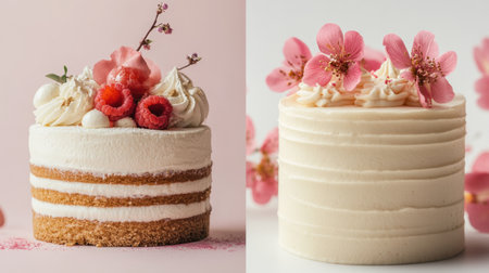 Two stunning cakes featuring floral and fruity decorations sit against a soft pastel backdrop, ideal for any festive gathering or birthday.の素材