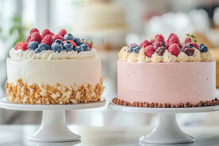 Two beautifully decorated cakes adorned with fresh berries are presented on white cake stands inside a well lit bakery during the day.の素材