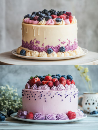 Two elegant cakes adorned with fresh berries and pastel frosting displayed on plates in a charming indoor space illuminated by natural light.の素材