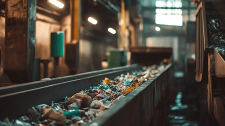 Conveyor belts transport sorted waste materials in a recycling plant, maintaining an organized and efficient workflow within the facility.の素材