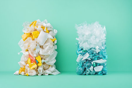 Left chaotic plastic waste; right neatly stacked recycled productsの素材