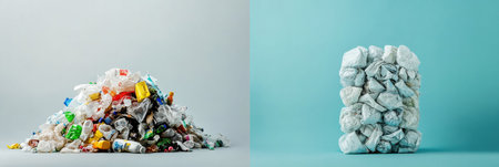 Left unprocessed plastic waste. Right organized recycled products promoting sustainability.の素材