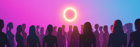 A glowing feminine symbol shines at the center, surrounded by diverse women silhouettes celebrating unity and empowerment on Womens Day.の素材