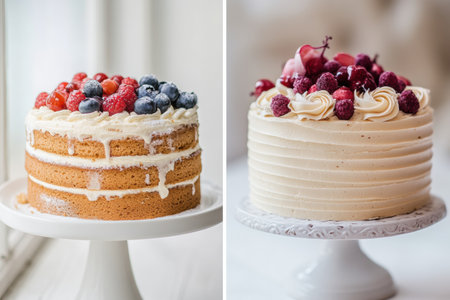 Two beautifully crafted cakes stand side by side, showcasing vibrant berries on top, inviting taste and celebration in a warm kitchen.の素材