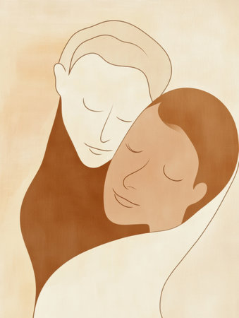 Two individuals express affection through a gentle hug, showcasing a simple yet powerful connection, surrounded by a calming background.の素材