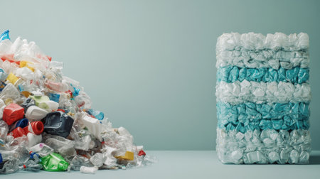 A large pile of plastic waste on the left contrasts sharply with neatly stacked recycled products on the right, highlighting recycling efforts.の素材