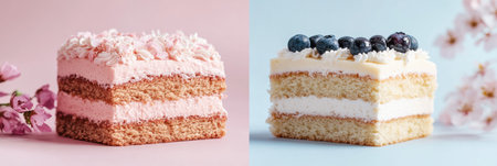 Two elegant cake slices display soft pastel tones with floral decorations.の素材