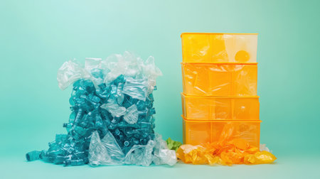 Discarded plastics on the left contrast with organized recycled containers on the right, showcasing recycling efforts.の素材