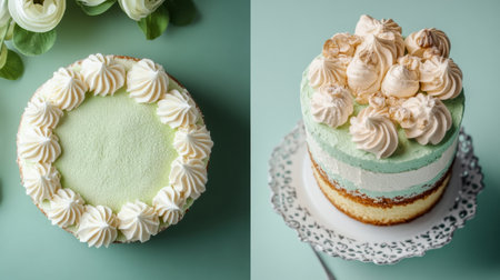 Two beautifully crafted cakes showcase layers of fluffy sponge, vibrant cream, and intricate decorations, perfect for a celebration.の素材