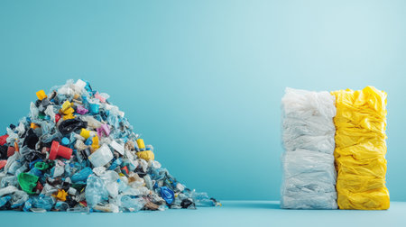 On the left side, a large pile of plastic waste contrasts with neatly stacked, recycled plastic products on the right, highlighting recycling efforts.の素材