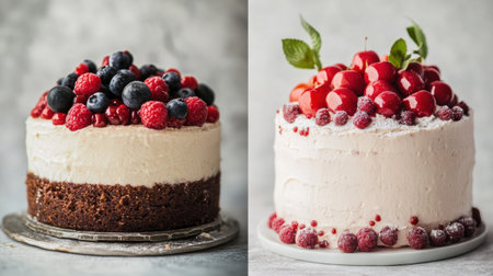 Two distinct cakes are presented side by side, each topped with a variety of fresh berries and cherries, enhancing their colorful appeal.の素材